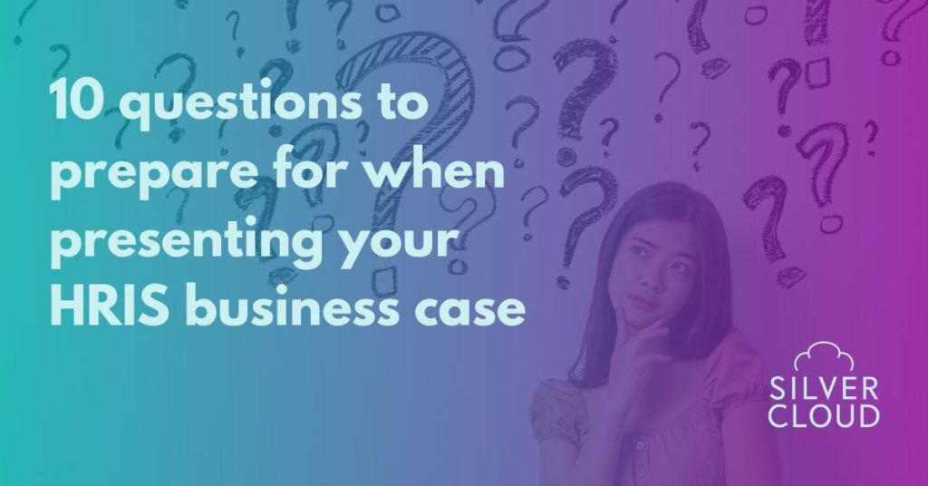 Teal to purple overlay on woman thinking about the 10 questions she'll be asked about her HRIS business case