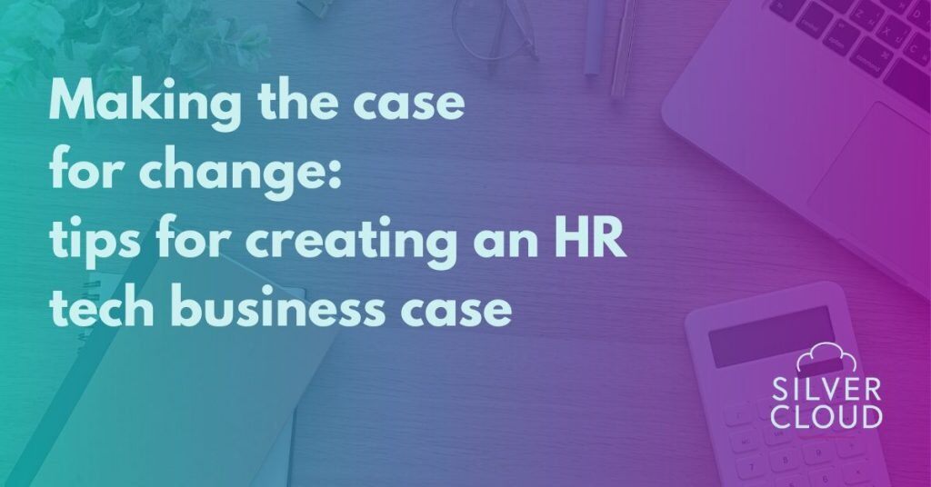 HR tech business case blog title over teal to purple gradient