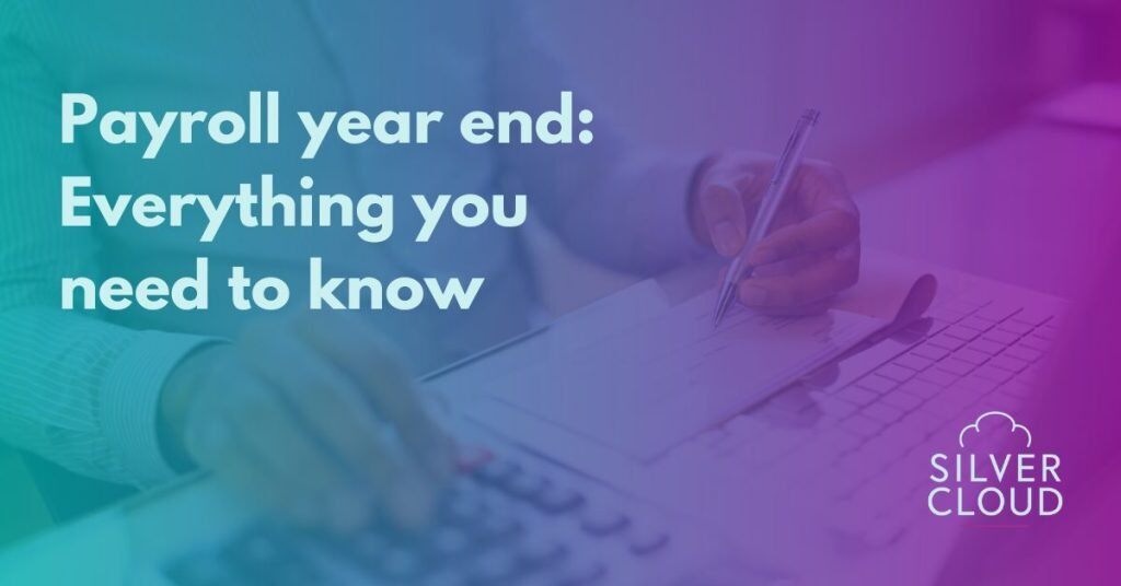 Man calculating Payroll Year End behind an overlay gradient from Silver Cloud teal to purple