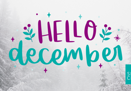 A nearly whited out background of pine trees with Hello December overlaid in a festive font - introduces the quiet of December's HR tech landscape
