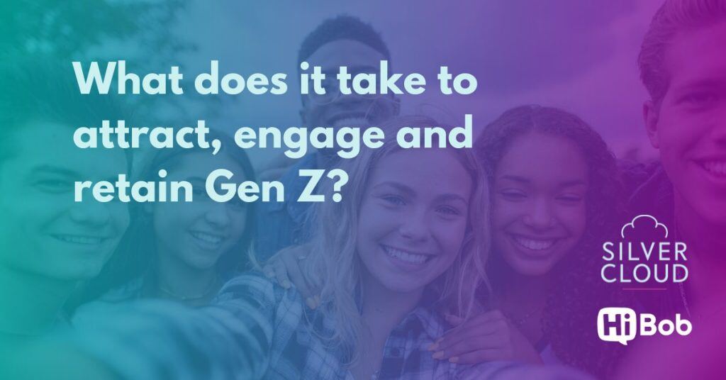 Retain Gen Z blog title on teal to purple gradient overlay on image of happy Gen Z employees
